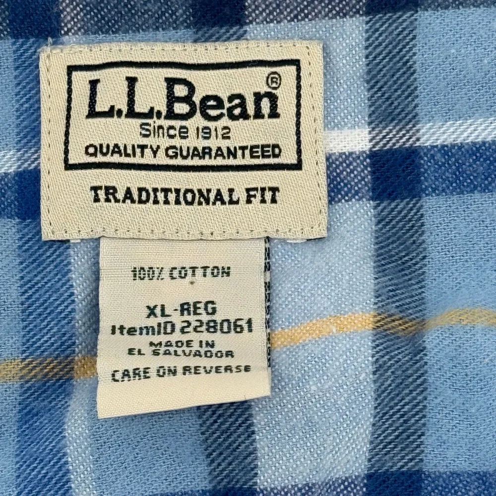 LLBean Flannel Shirt Mens XL Reg Traditional Fit Plaid  Long Sleeve‎ Cotton Blue